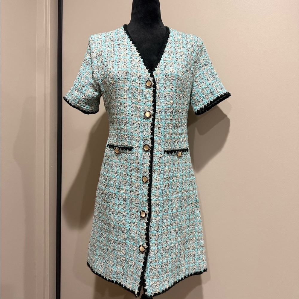 Pomander Place Tweed Mini Dress in Blue and Black